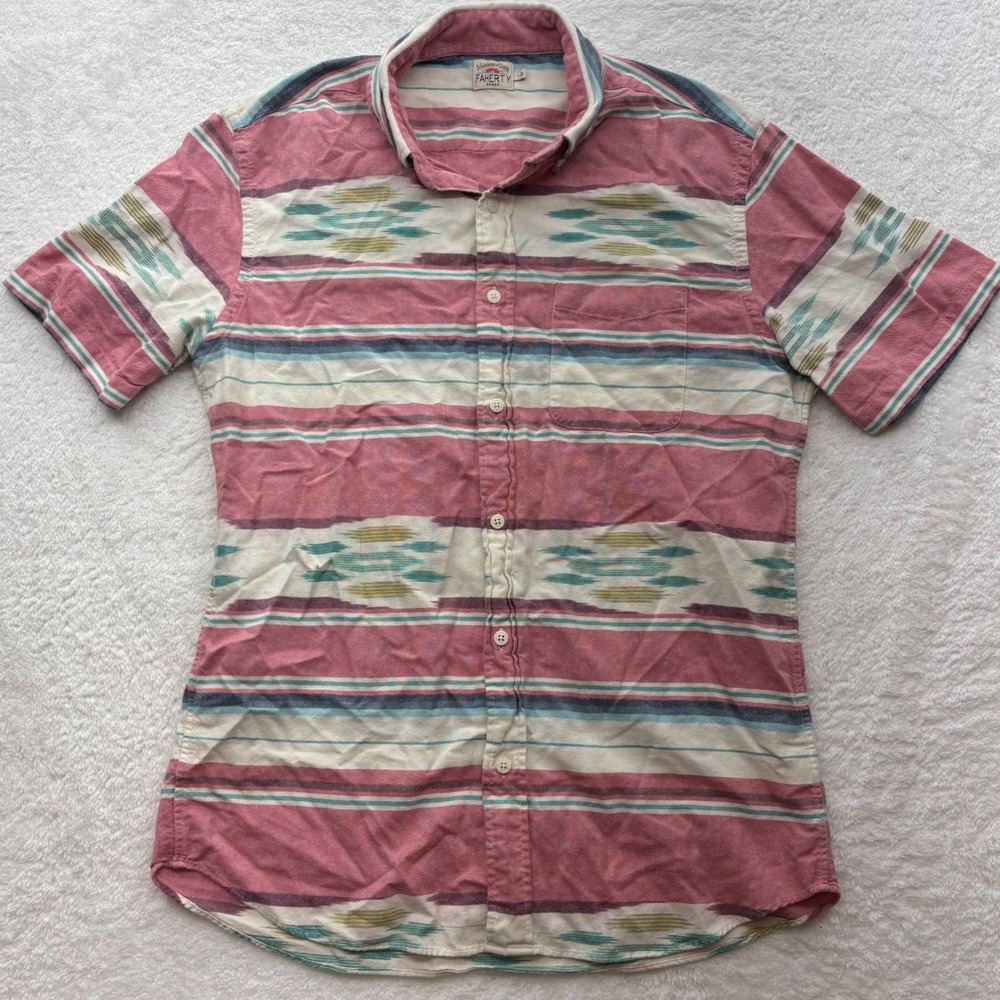 Faherty Mens Large Red Ikat Stripe Organic Cotton Short Sleeve Button Down Shirt